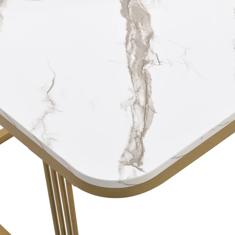 Ensemble de 2 tables basses gigognes carrées effet marbre blanc avec tiroir pieds dorés SHUGOK WHITE