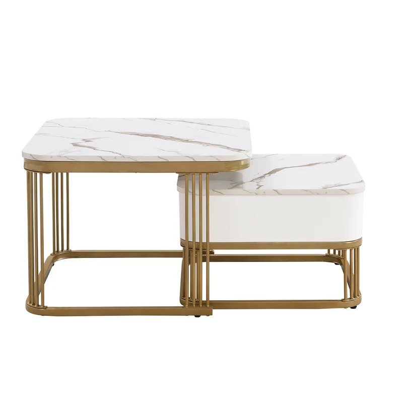 Ensemble de 2 tables basses gigognes carrées effet marbre blanc avec tiroir pieds dorés SHUGOK WHITE