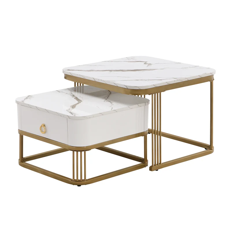Ensemble de 2 tables basses gigognes carrées effet marbre blanc avec tiroir pieds dorés SHUGOK WHITE