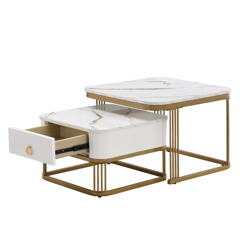 Ensemble de 2 tables basses gigognes carrées effet marbre blanc avec tiroir pieds dorés SHUGOK WHITE