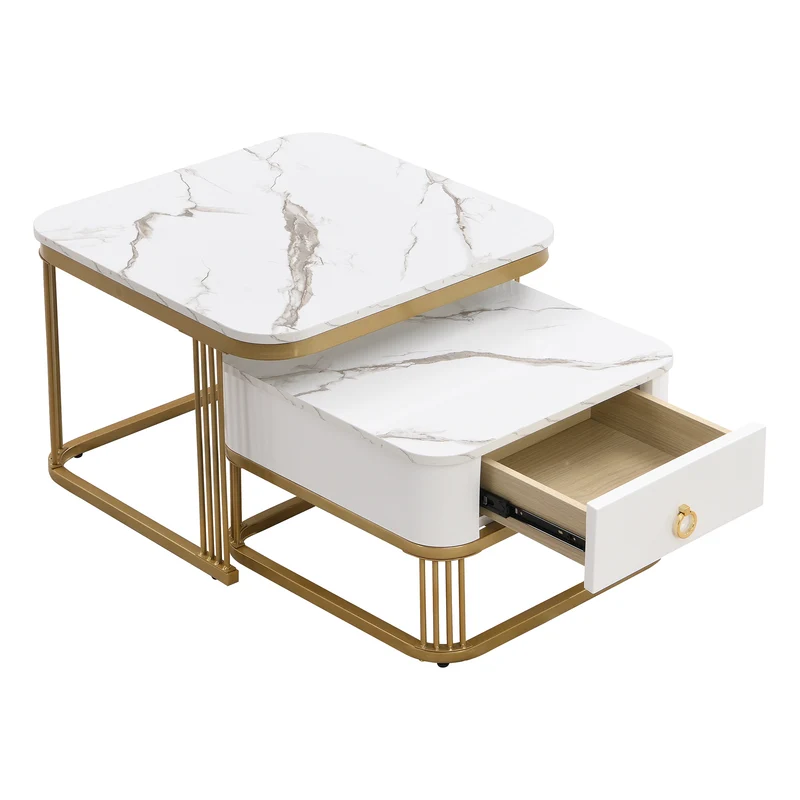 Ensemble de 2 tables basses gigognes carrées effet marbre blanc avec tiroir pieds dorés SHUGOK WHITE