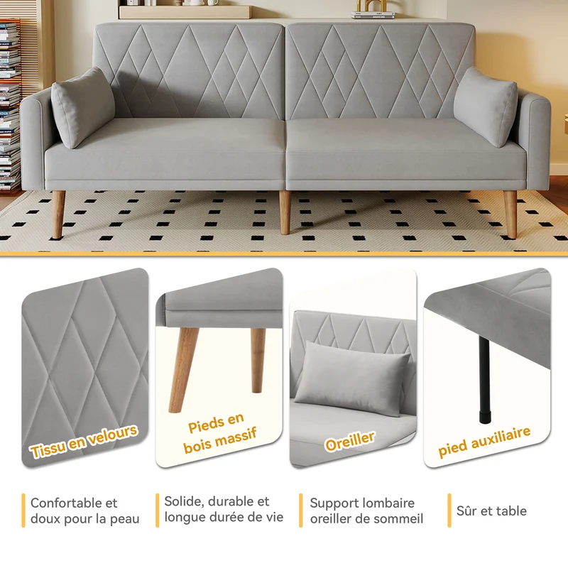 Canapé convertible 2 places en velours gris clair dossiers et accoudoirs réglables SCREVIDS