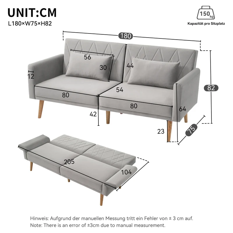 Canapé convertible 2 places en velours gris clair dossiers et accoudoirs réglables SCREVIDS