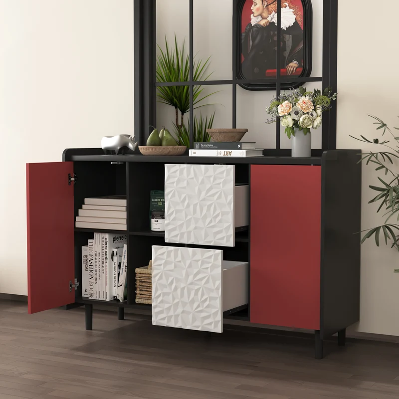 Buffet de rangement moderne noir rouge et blanc KHUTS