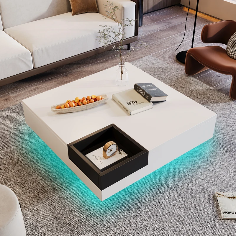 Table basse carrée blanc brillant noir bicolore éclairage LED avec boîte de rangement amovible CROKS WHITE
