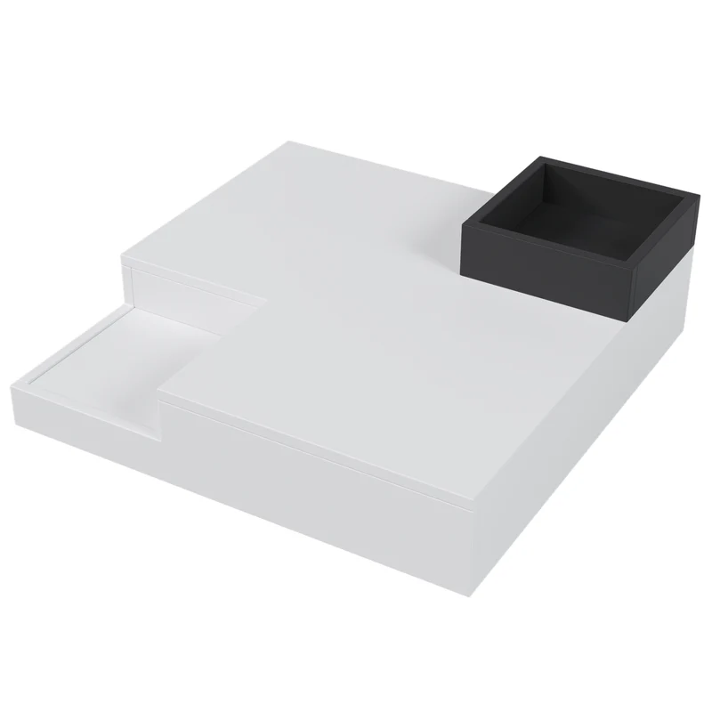 Table basse carrée blanc brillant noir bicolore éclairage LED avec boîte de rangement amovible CROKS WHITE