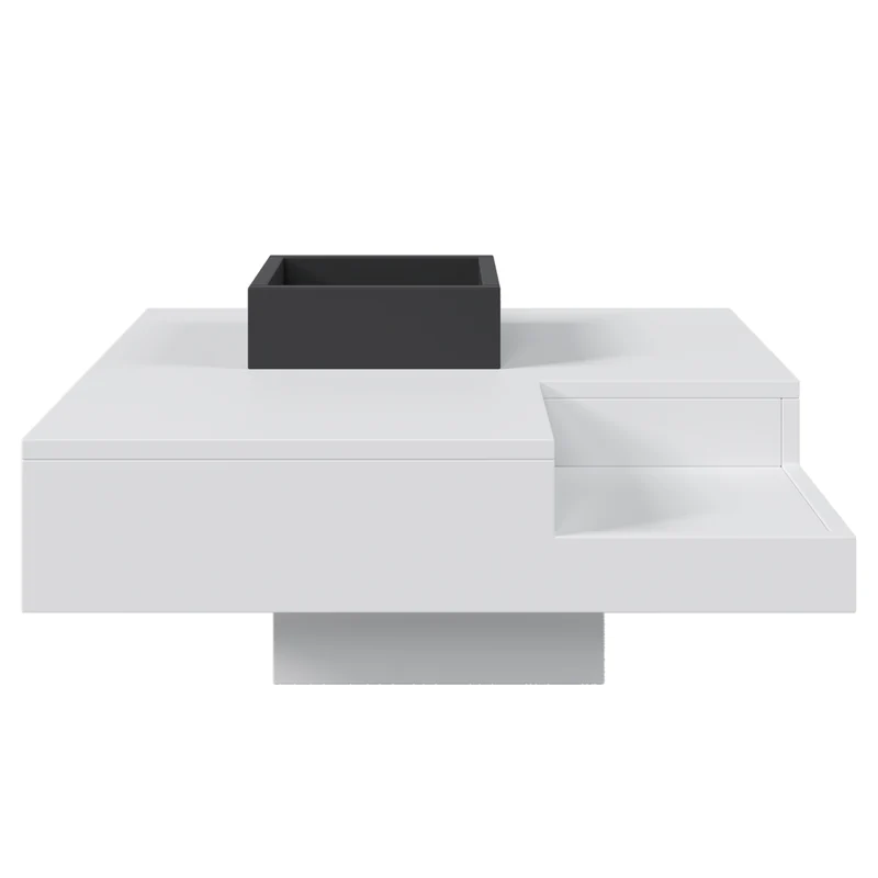 Table basse carrée blanc brillant noir bicolore éclairage LED avec boîte de rangement amovible CROKS WHITE