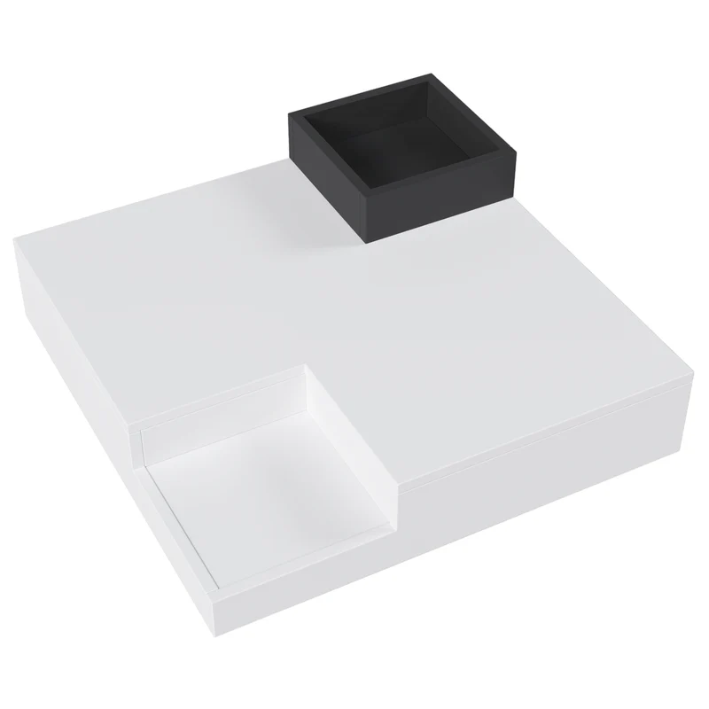 Table basse carrée blanc brillant noir bicolore éclairage LED avec boîte de rangement amovible CROKS WHITE
