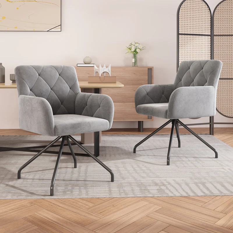 Lot de 2 chaises de salle à manger velours gris clair motif en losange pieds en métal noir FALMELS