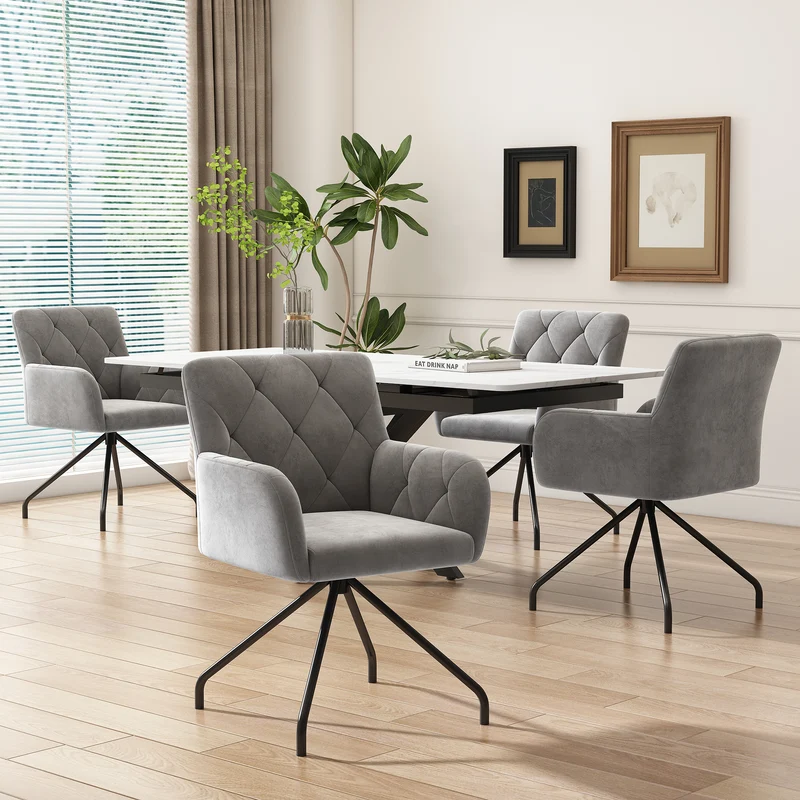 Lot de 2 chaises de salle à manger velours gris clair motif en losange pieds en métal noir FALMELS