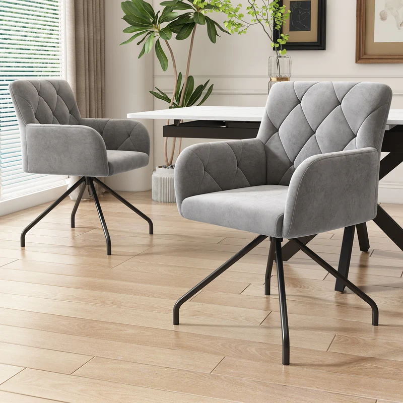 Lot de 2 chaises de salle à manger velours gris clair motif en losange pieds en métal noir FALMELS