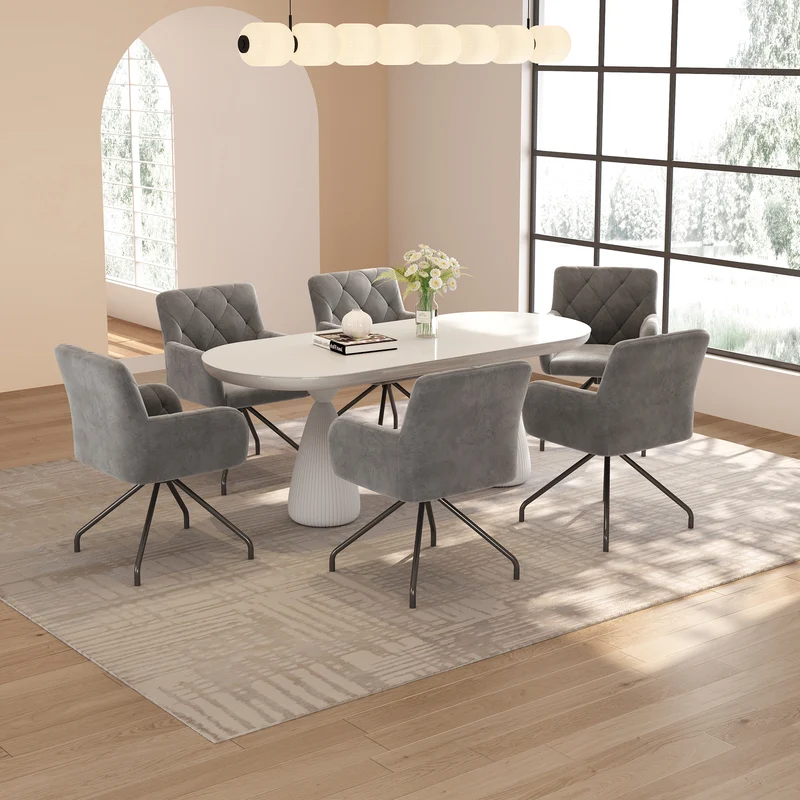 Lot de 2 chaises de salle à manger velours gris clair motif en losange pieds en métal noir FALMELS