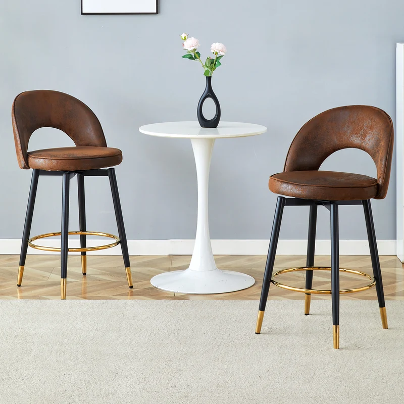 Lot de 2 tabourets de bar marron pivotant 360° style vintage pieds noir dorés et repose-pied HARMONIUS