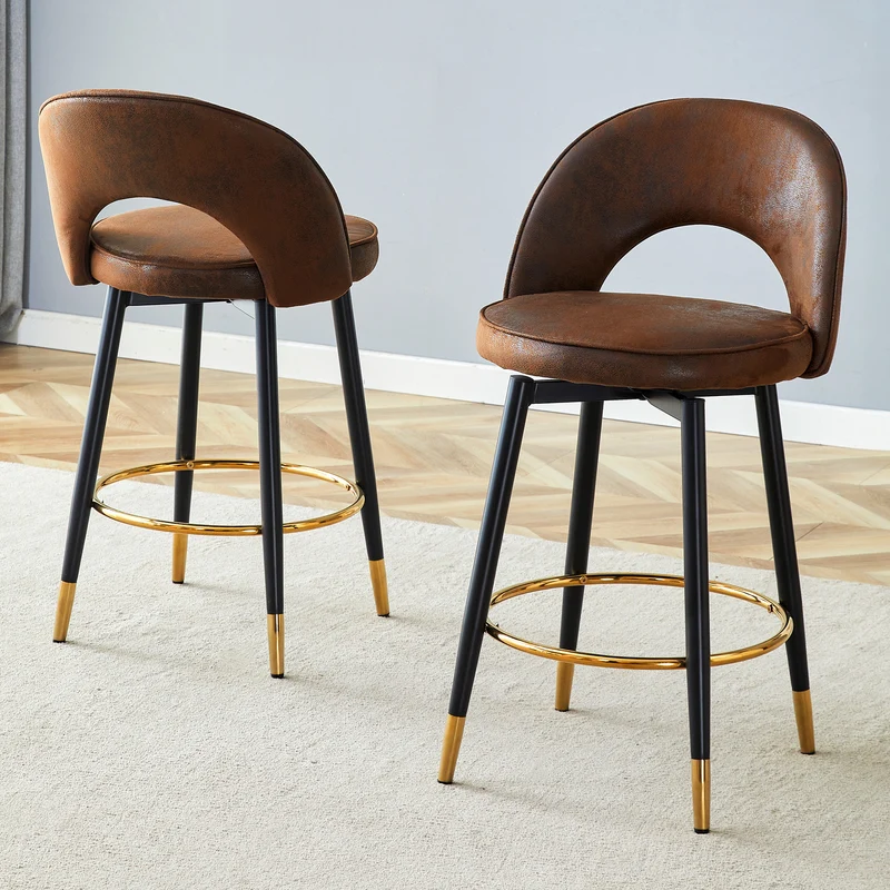 Lot de 2 tabourets de bar marron pivotant 360° style vintage pieds noir dorés et repose-pied HARMONIUS