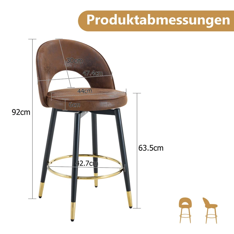 Lot de 2 tabourets de bar marron pivotant 360° style vintage pieds noir dorés et repose-pied HARMONIUS