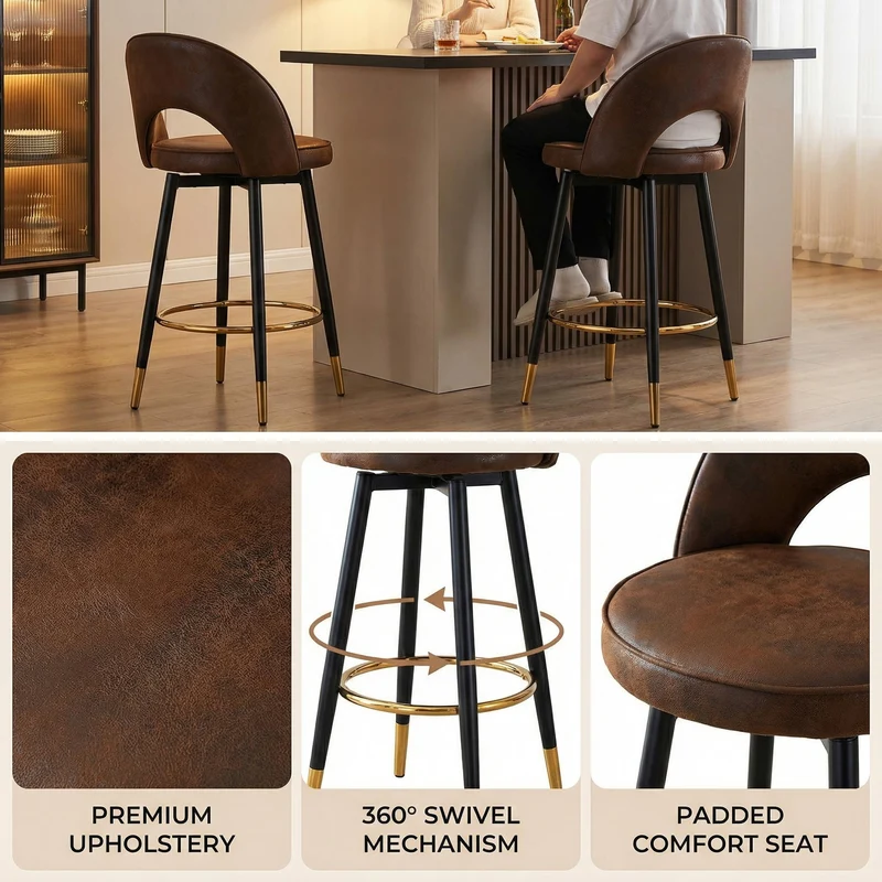Lot de 2 tabourets de bar marron pivotant 360° style vintage pieds noir dorés et repose-pied HARMONIUS