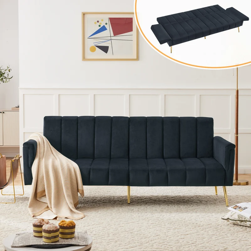 Canapé convertible 3 places noir en velours avec dossiers 5 positions MEZEDS