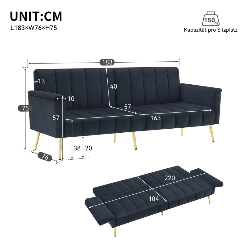 Canapé convertible 3 places noir en velours avec dossiers 5 positions MEZEDS