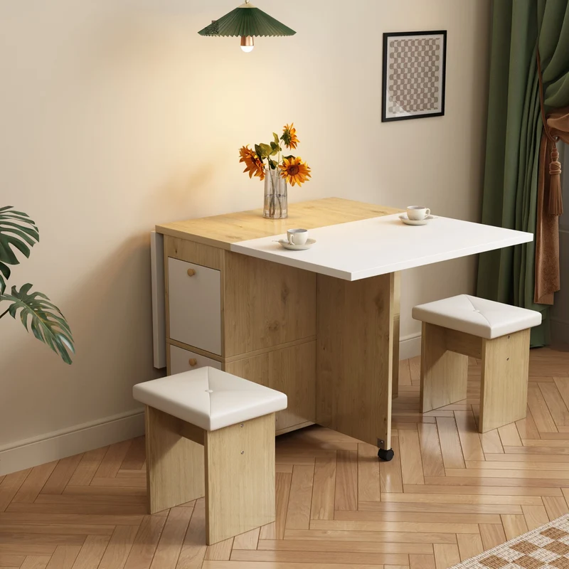 Ensemble table et 4 chaises de salle à manger effet chêne blanc noir pliable et rétractable KONQRILS WHITE
