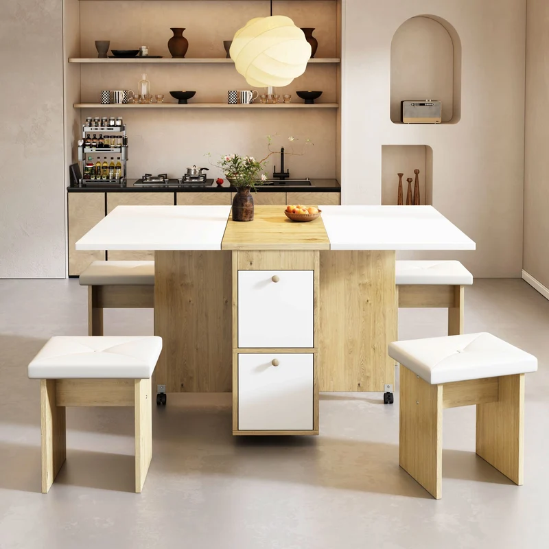Ensemble table et 4 chaises de salle à manger effet chêne blanc noir pliable et rétractable KONQRILS WHITE