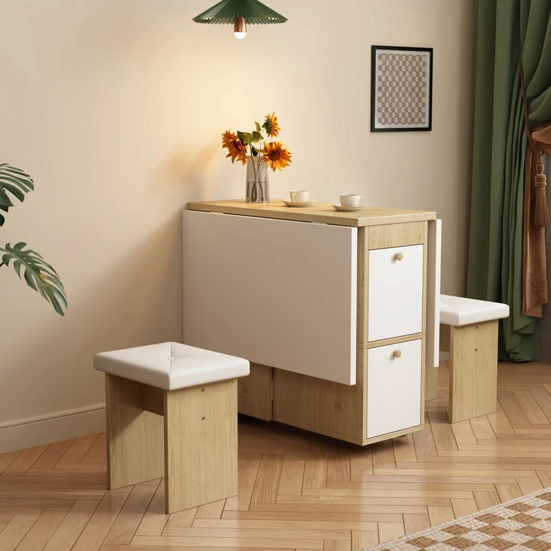 Ensemble table et 4 chaises de salle à manger effet chêne blanc noir pliable et rétractable KONQRILS WHITE