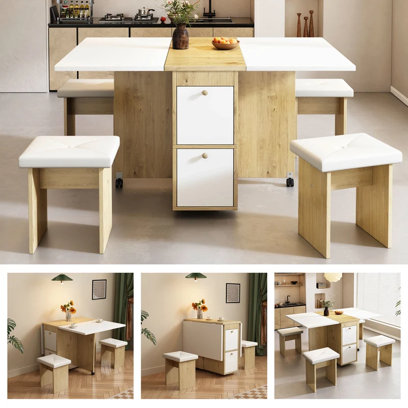 Ensemble table et 4 chaises de salle à manger effet chêne blanc noir pliable et rétractable KONQRILS WHITE