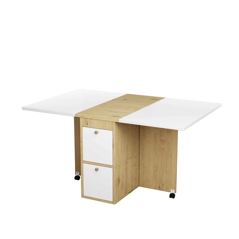 Ensemble table et 4 chaises de salle à manger effet chêne blanc noir pliable et rétractable KONQRILS WHITE