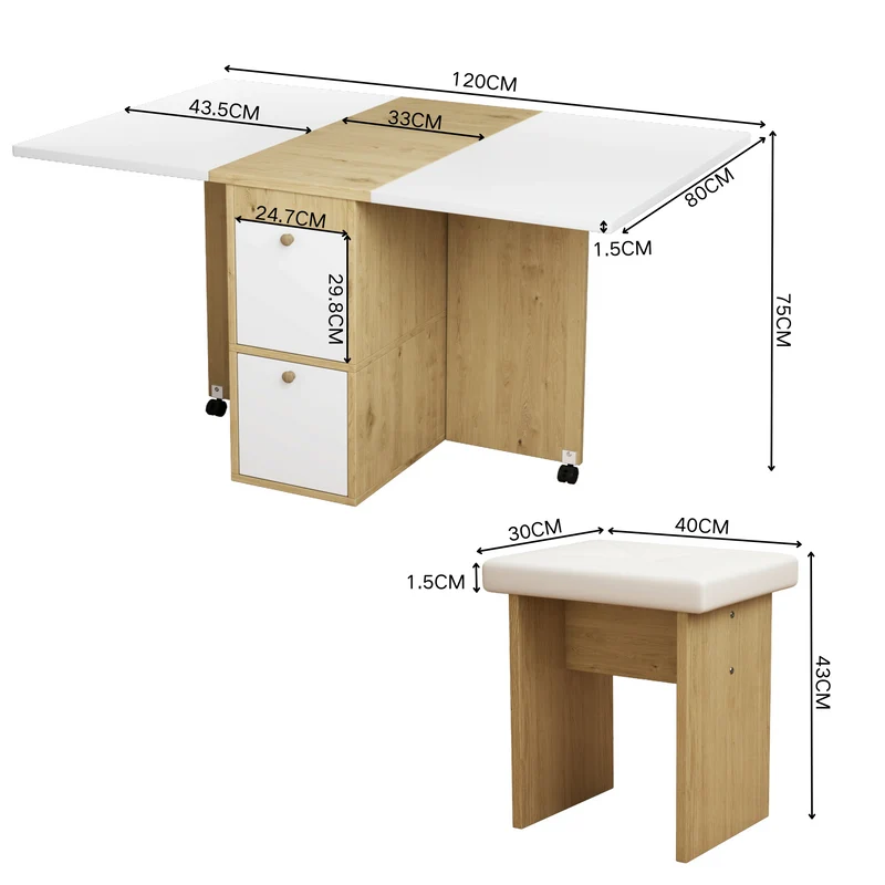 Ensemble table et 4 chaises de salle à manger effet chêne blanc noir pliable et rétractable KONQRILS WHITE