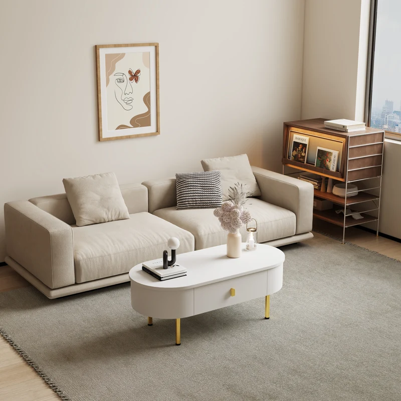 Table basse ovale blanche avec tiroirs et pieds dorés KRAUVVEX