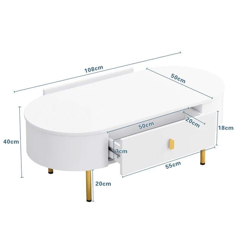 Table basse ovale blanche avec tiroirs et pieds dorés KRAUVVEX