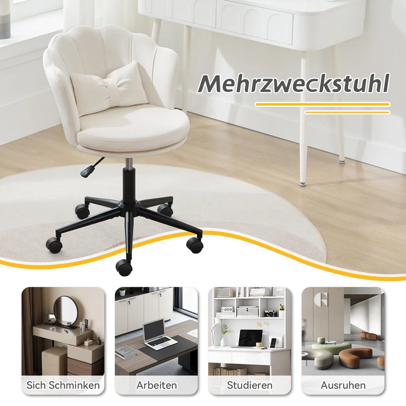 Chaise de bureau velours blanc forme pétale coussin forme papillon ORCOTS BEIGE