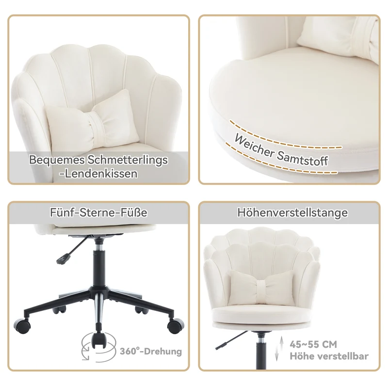 Chaise de bureau velours blanc forme pétale coussin forme papillon ORCOTS BEIGE