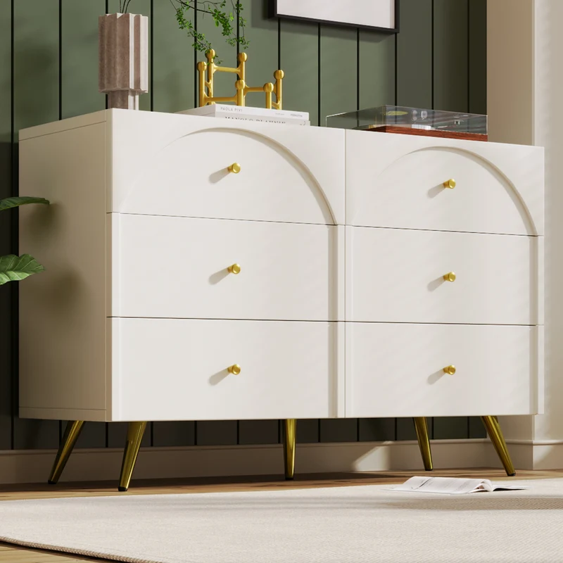 Buffet blanc 6 tiroirs façades incurvées pieds et poignées dorées TIGMALS