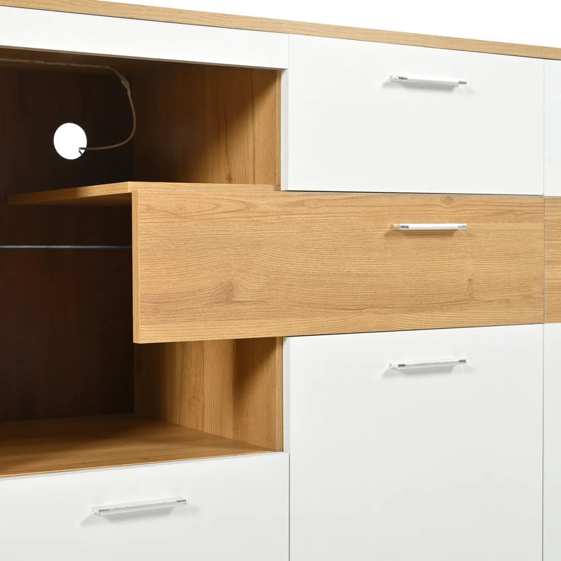Buffet blanc et effet bois 2 portes 4 tiroirs avec éclairage LED 16 couleurs STUD