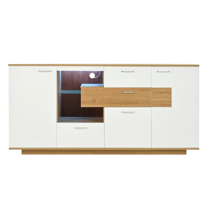 Buffet blanc et effet bois 2 portes 4 tiroirs avec éclairage LED 16 couleurs STUD