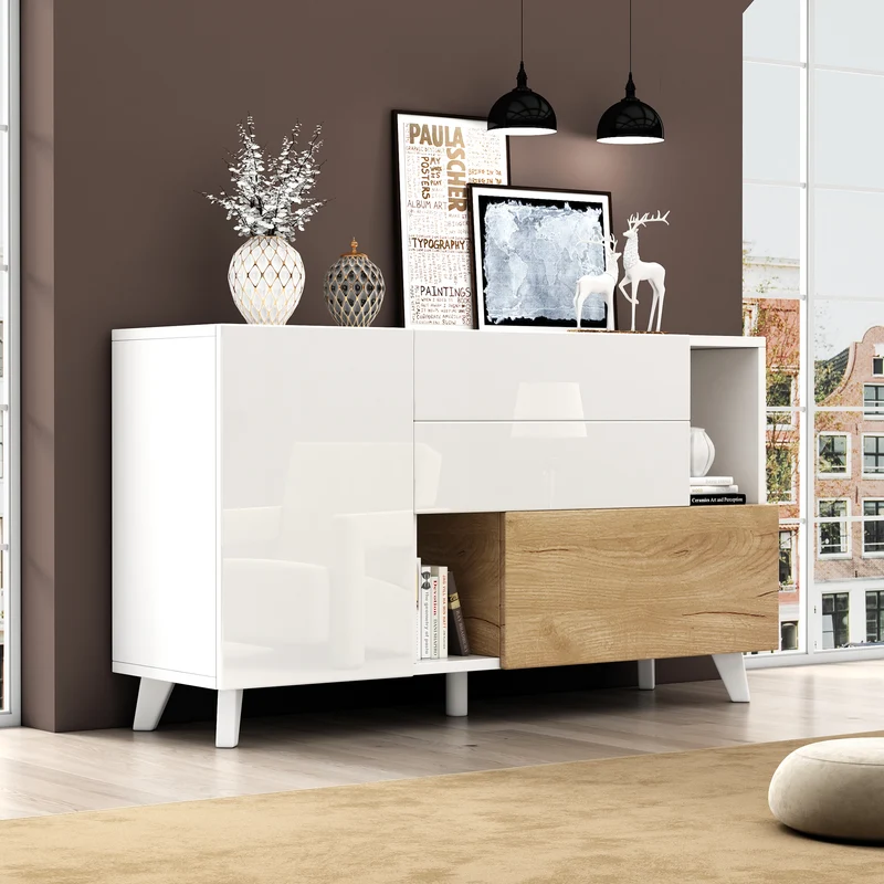 Buffet blanc brillant et effet bois 2 niches 2 tiroirs et 1 porte SHIELNIH