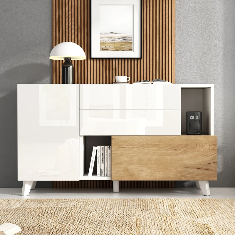 Buffet blanc brillant et effet bois 2 niches 2 tiroirs et 1 porte SHIELNIH