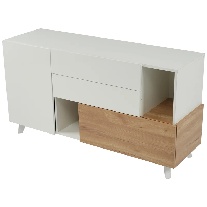 Buffet blanc brillant et effet bois 2 niches 2 tiroirs et 1 porte SHIELNIH