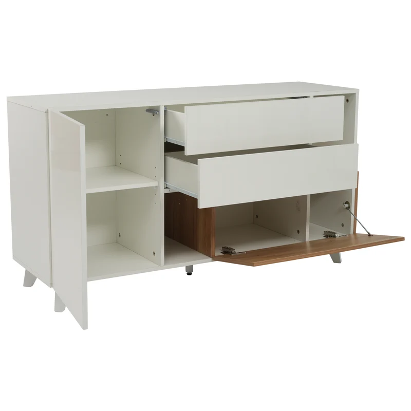 Buffet blanc brillant et effet bois 2 niches 2 tiroirs et 1 porte SHIELNIH