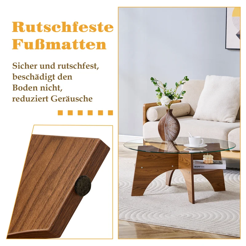 Table basse ronde en verre trempé pieds effet bois noyer Ø80 cm CLARITYEN