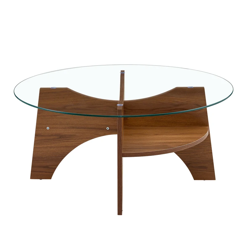 Table basse ronde en verre trempé pieds effet bois noyer Ø80 cm CLARITYEN