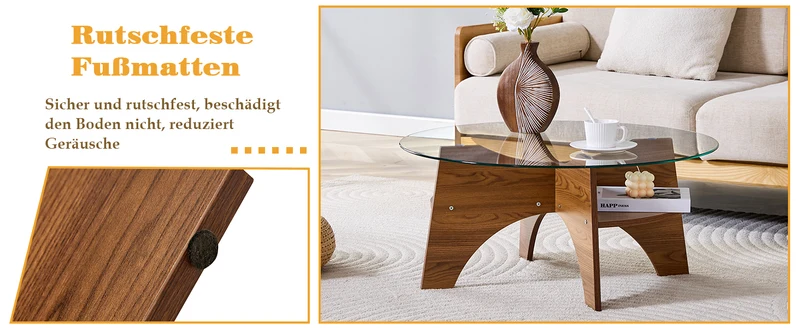 Table basse ronde en verre trempé pieds effet bois noyer Ø80 cm CLARITYEN