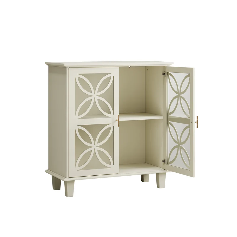 Buffet blanc crème 2 portes vitrées verre trempé à motifs tréfilés 80x38x87cm OBSIDIANORA