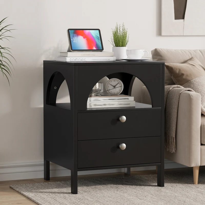 Table de chevet noir arqué niche et 2 tiroirs 45x40x58cm BREEZEE