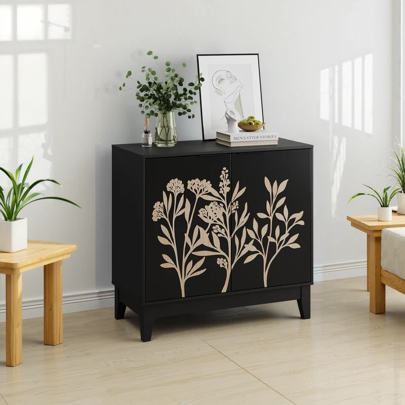 Buffet noir style champêtre à 2 porte avec motifs floraux gaufrés ELYSIUMLON