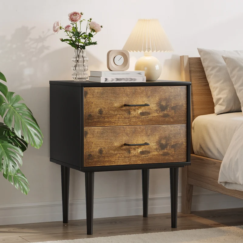 Table de chevet rétro noir et effet bois 2 tiroirs industrielle 51x38x66cm NOBLELSE