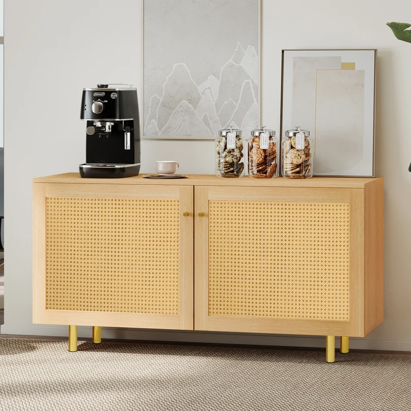Buffet effet bois 2 portes en rotin clair 120x40x63cm CRESTORA