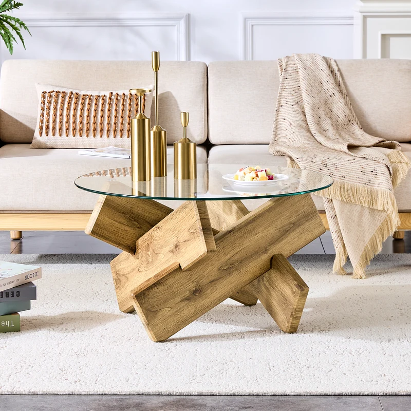 Table basse ronde effet bois en verre trempé pieds croisés 79*79cm NEXUS