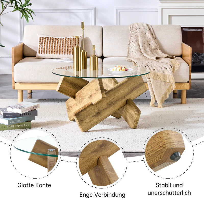 Table basse ronde effet bois en verre trempé pieds croisés 79*79cm NEXUS