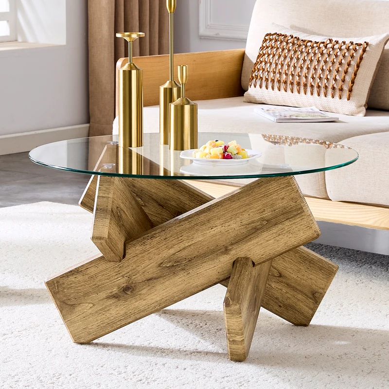 Table basse ronde effet bois en verre trempé pieds croisés 79*79cm NEXUS